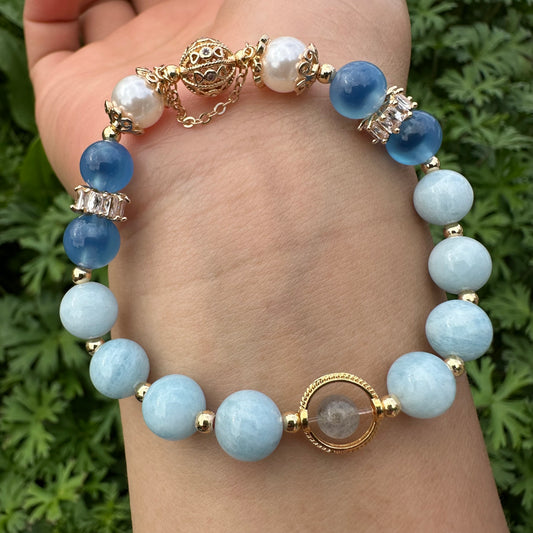 Aquamarine, Agate, Grey Moonstone & Pearl Bracelet