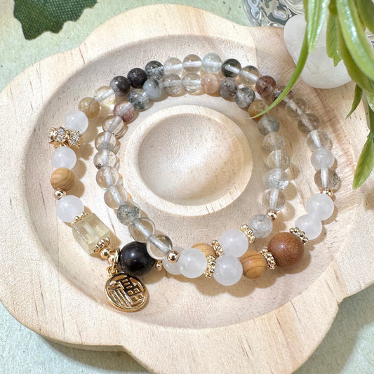 Green Phantom & Wooden Bead Double Wrap Bracelet